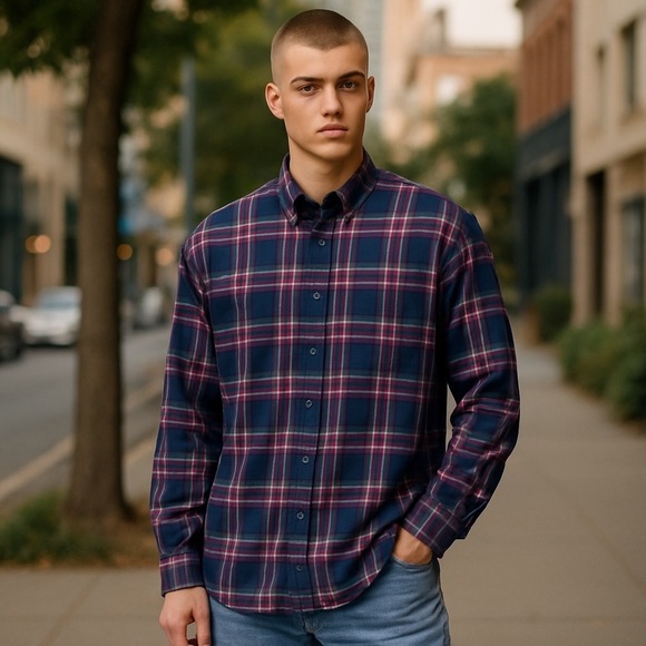 Lands’ End XXL Plaid Flannel Shirt – Navy Pink Olive 100% Cotton - Picture 8 of 9